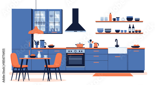 Modern kitchen interior design in blue and orange with a dining area, stove, cabinets, and various kitchen utensils.