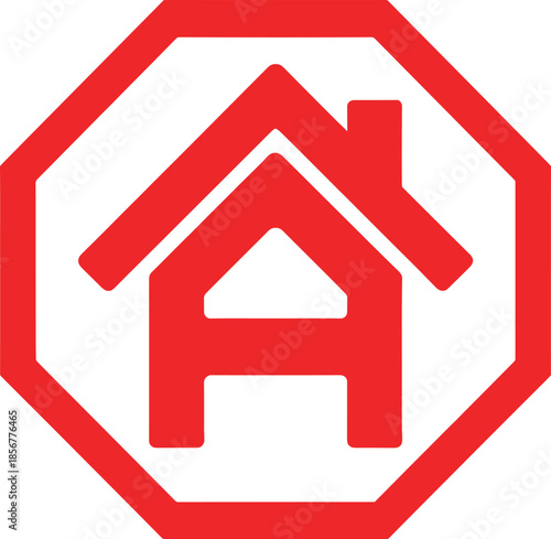 Red house symbol on white background sign octagon