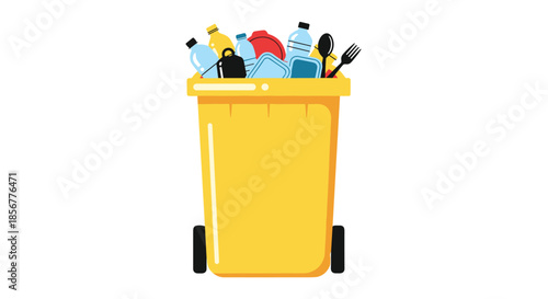Yellow recycling bin on wheels, overflowing with plastic waste such as bottles, containers, and cutlery for disposal.