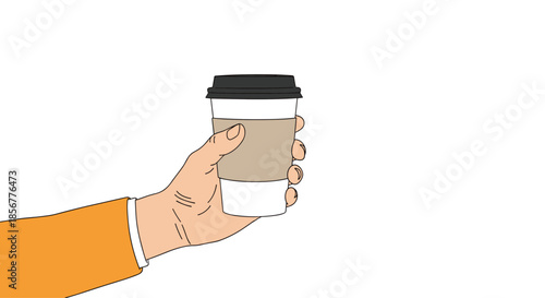 Close-up illustration of a hand in an orange sleeve holding a disposable paper coffee cup with a lid and cardboard sleeve.