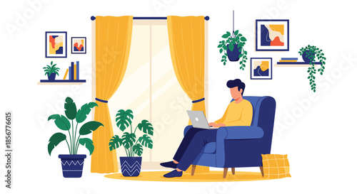 Young man working from home on his laptop, sitting comfortably in an armchair in a stylish and cozy living room interior.
