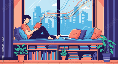 Imaginative person absorbed in a book on a cozy window seat, with colorful streams of magic flowing out into the room.