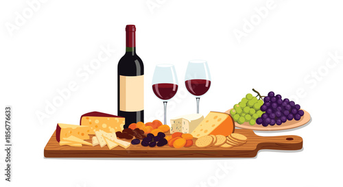 Elegant wooden board with an assortment of cheeses, crackers, and fruits, perfectly paired with a bottle of red wine.