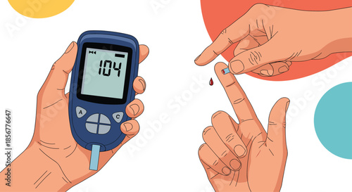 Medical illustration showing the process of checking blood sugar levels using a glucometer for diabetes management at home.
