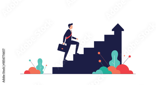 Ambitious businessman with a briefcase confidently climbing a staircase shaped like an arrow, symbolizing career growth.