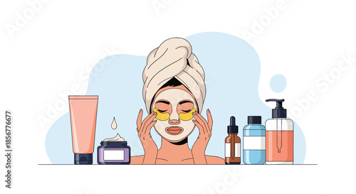 Young woman with a towel on her head enjoying her daily skincare routine, applying a face mask and under-eye patches.