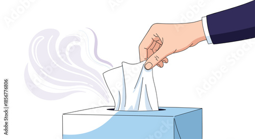 Close-up illustration of a person's hand pulling a fresh, clean paper tissue out from a standard cardboard tissue box.
