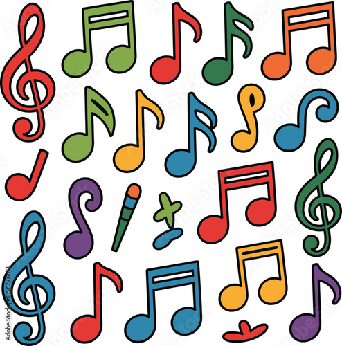 Colorful cartoon music notes on white background musical symbols