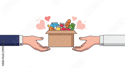 Illustration of two hands giving and receiving a cardboard box full of donated food, representing charity and support.