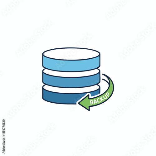 A data storage icon with multiple disk layers and a 'backup' arrow