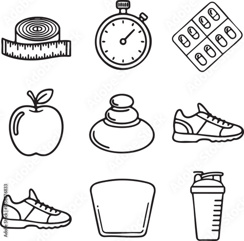 measuring tape, stopwatch, pill bottle, apple, rock, sneaker, weight scale, protein shake.eps