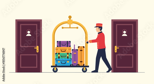 Professional hotel bellhop in a red uniform pushing a golden luggage cart loaded with suitcases down a hotel hallway.