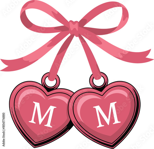 Two pink hearts with M's and ribbon bow Valentine's Day