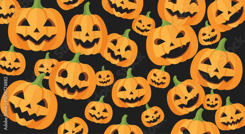 Spooky and fun seamless pattern of carved pumpkin jack-o'-lanterns with various expressions for a Halloween background.