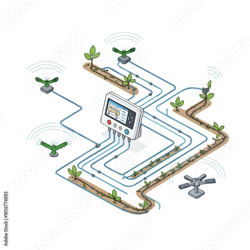 Diagram of an irrigation system, with plants, pipes, and control panel