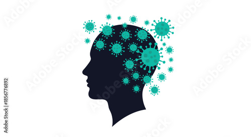 Conceptual illustration of the psychological impact of a pandemic, showing a human head silhouette filled with viruses.