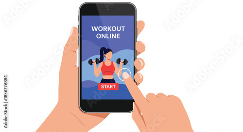 Person's hands holding a smartphone and starting an online workout session with a fitness application for home training.