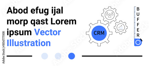 Gear mechanisms with CRM label, analytic icons, and progress slider. Ideal for teamwork, efficiency, business growth, project management, marketing, automation and simple landing page