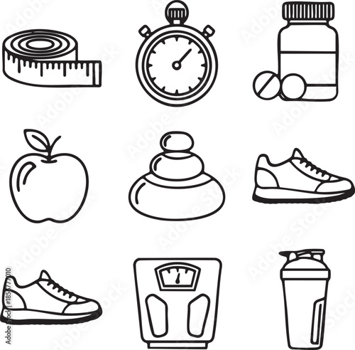 measuring tape, stopwatch, pill bottle, apple, rock, sneaker, weight scale, protein shake1.eps