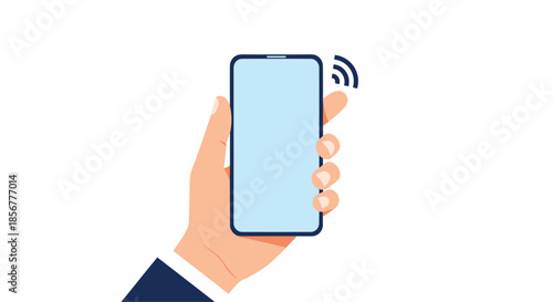 Businessman's hand holding a modern smartphone with a Wi-Fi signal, illustrating connectivity and mobile communication.