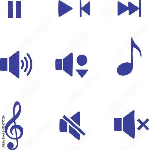 media player controls, audio speaker, music note, treble clef, mute, volume up, volume down, pause, play, rewind, fast forward.eps