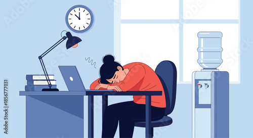 Tired and overworked businesswoman sleeping on her desk at the office, suffering from professional burnout and fatigue.