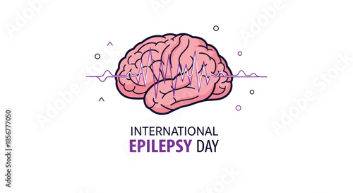 Medical awareness concept for International Epilepsy Day featuring a human brain with an electrical activity waveform.