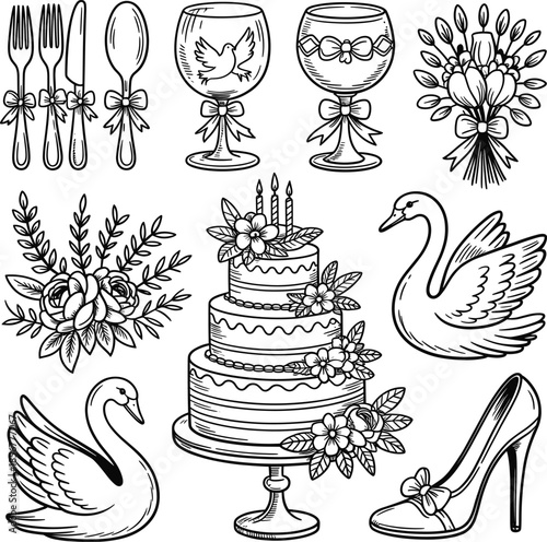 Wedding cake swans flowers heel wine glasses utensils