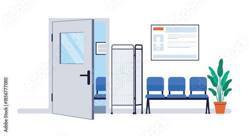 Empty doctor's office or hospital waiting room with an open door, revealing a glimpse of the examination area inside.