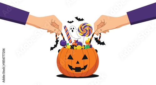 Hands holding a jack-o'-lantern bucket filled with colorful candy, ghosts, and bats for a fun Halloween celebration.