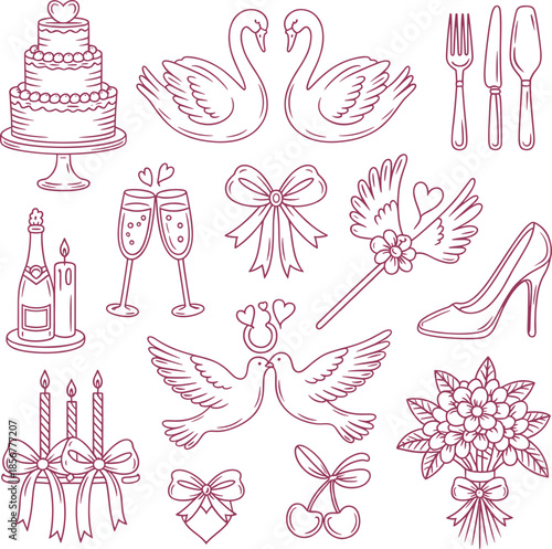 Wedding including cake swans champagne and gifts