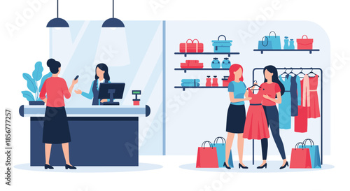 Women shopping for clothes in a fashion boutique while another customer pays at the checkout counter with the cashier.
