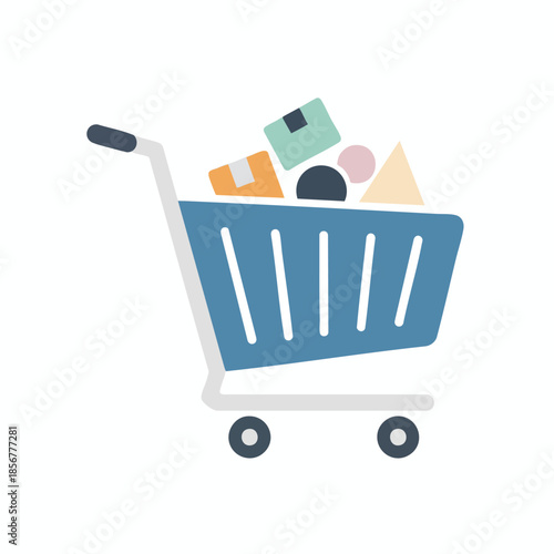 A shopping cart icon filled with geometric shapes representing purchases