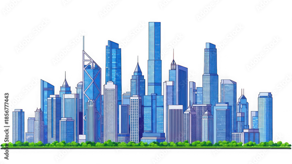 Fototapeta premium Modern city skyline with blue skyscrapers and green ground isolated on white isolated on transparent background