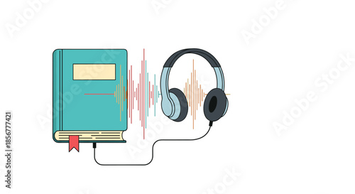 Audiobook concept illustration with a pair of headphones plugged into a book, with a soundwave graphic in between them.