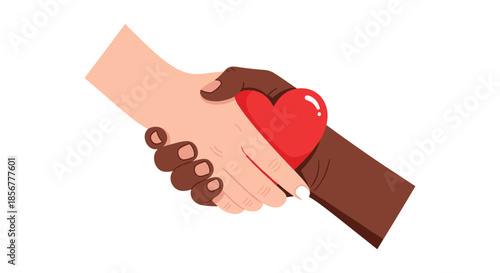Interracial handshake between a black and a white person with a red heart, symbolizing unity, love, and equality.