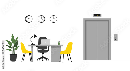 Modern and minimalist office reception or waiting area with a desk, chairs, a plant, and an elevator in the lobby.