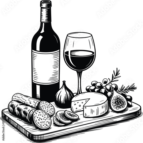 Wine bottle glass cheese board with bread fruit
