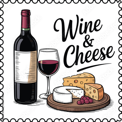 Wine and cheese plate with grapes and bottle glass