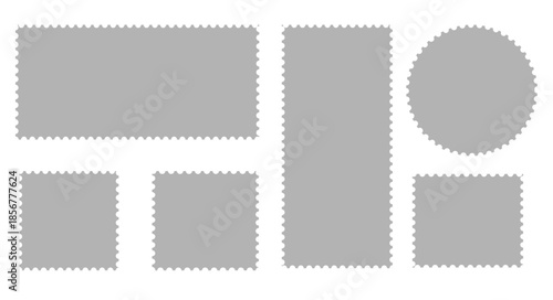 Postage stamp set. Mockup postage stamps with shadow. Blank postage stamp borders template collection. Realistic trendy post stamps set - stock vector.