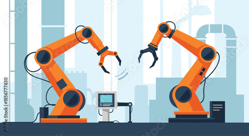 Two orange robotic arms working together on an assembly line in a modern smart factory, illustrating industrial automation.