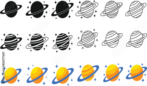 Saturn Planet Icon Set in Outline, Solid and Color Styles Showing Ringed Space Symbols for Astronomy, Science and Modern Graphic Design