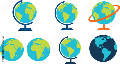 World Globe Illustration Set Showing Earth Maps and Globes in Multiple Styles for Geography Education, Global Business, Travel and Infographic Design