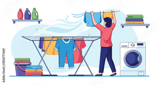Woman hanging freshly washed clothes on a drying rack in a laundry room with a washing machine and detergents nearby.