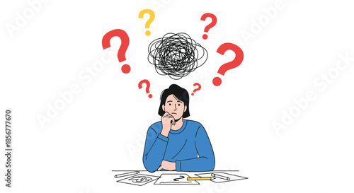 Confused person sitting at a desk with question marks and a tangled scribble overhead, representing anxiety and overthinking.