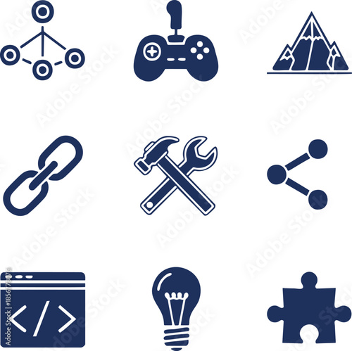 network,game controller,mountain,chain,tools,connection,code,lightbulb,puzzle.eps