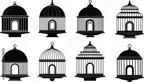 Birdcage silhouette icon set, vintage cage designs, domed top vector, decorative frame art, cad drawing flat vector illustration