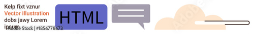 Web development, cloud computing, digital communication, programming, coding, interface design. HTML label, chat bubble and cloud icon . Web development and cloud computing
