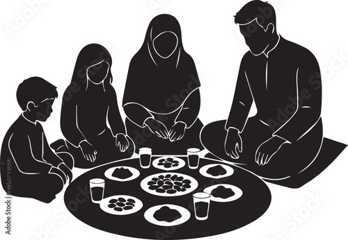 Family gathered around a table for a meal silhouetted illustration