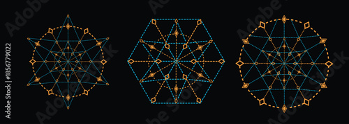 Abstract technical snowflake diagrams with orange and blue dashed lines on black backdrop